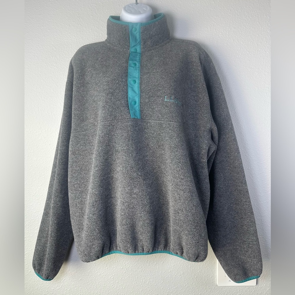 LL Bean Unisex Adult Fleece Gray/Teal Pullover Size WL/MM